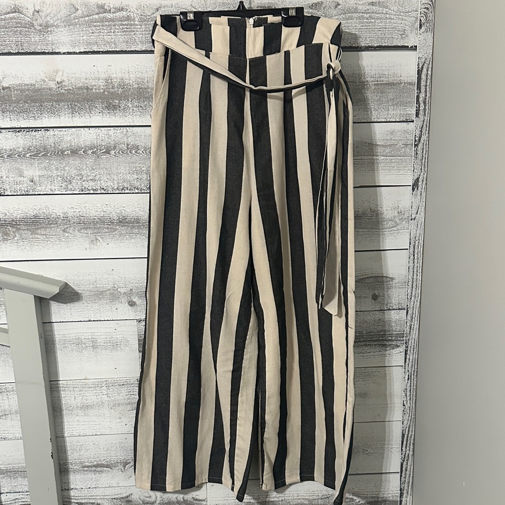 Striped Wide Leg Pants - Black and Cream